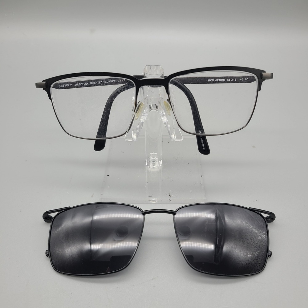 EasyClip Turboflex Mens Eyeglasses EC496 Gunmetal Black Magnetic Sun Clip 55-18